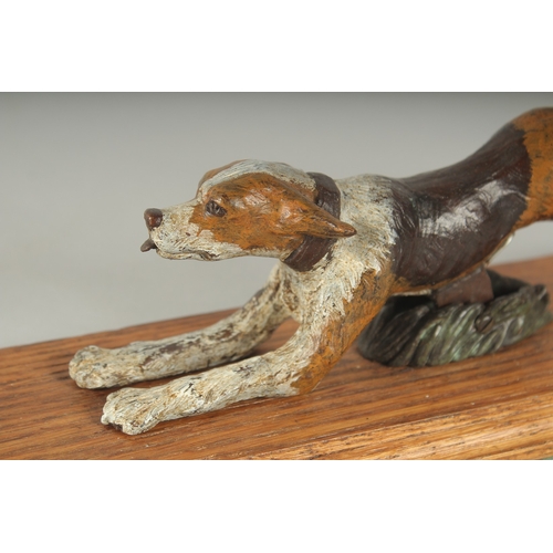 1227 - AN AUSTRIAN COLD PAINTED BRONZE SPORTING DOG LETTER CLIP on a wooden base.  8ins long.