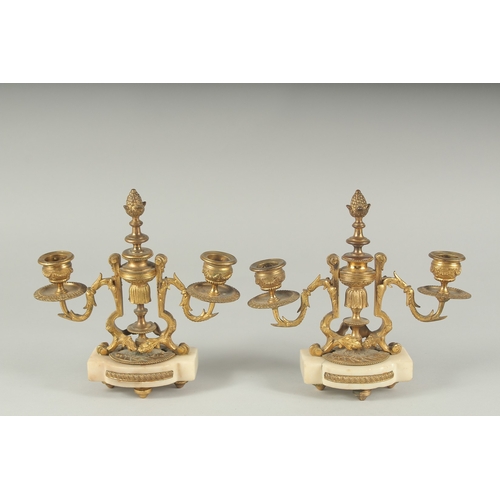 1231 - A GOOD PAIR OF  ORMOLU TWO LIGHT CANDLESTICKS on shaped marble bases.  8ins high.