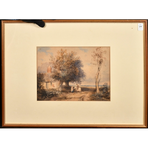 1787 - Circle of David Cox, A man on a horse chatting to a lady on a track by a cottage, watercolour, 9.25