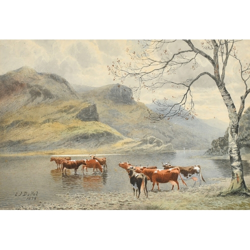 1788 - Edward .J. Duval (1838-1923) British, Cattle watering at the edge of a loch with mountains beyond, w... 