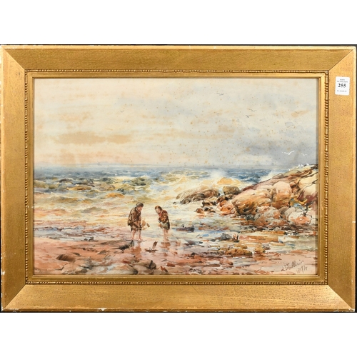 1793 - John Blair (fl.1885-1888), A rugged coastal scene with two children playing with toy boats, watercol... 