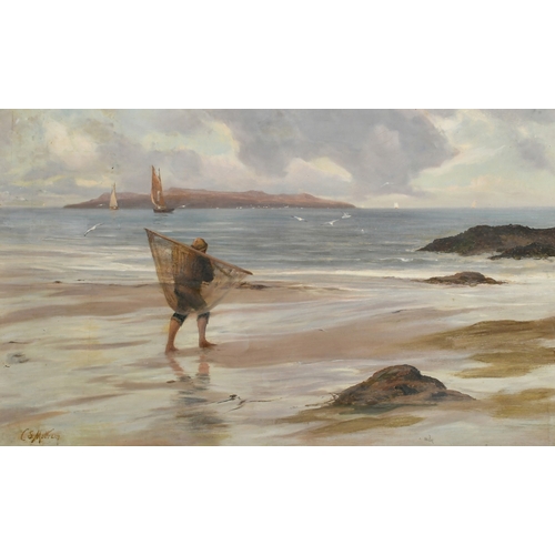 1798 - Charles Sim Mottram (1876-1919), a fisherman and his nets on a beach, oil on canvas, signed, 16