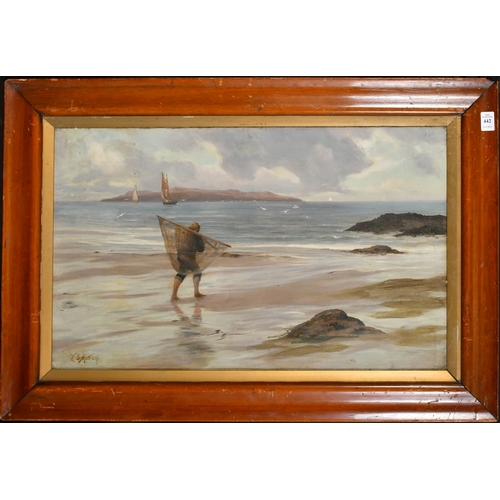 1798 - Charles Sim Mottram (1876-1919), a fisherman and his nets on a beach, oil on canvas, signed, 16