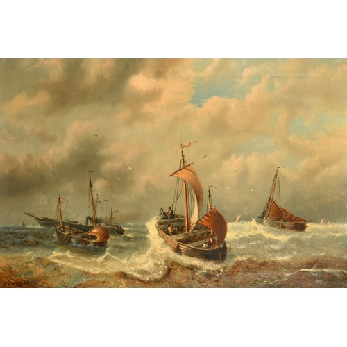 1800 - A. Musin, Circa 1868, a pair of oil on canvas scenes of leeboard sailboats on rolling seas near land... 