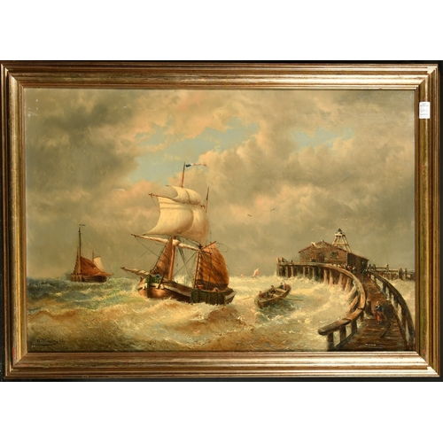 1800 - A. Musin, Circa 1868, a pair of oil on canvas scenes of leeboard sailboats on rolling seas near land... 