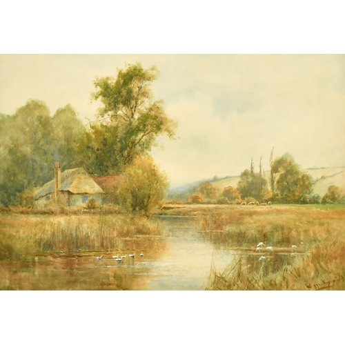 1804 - Wiggs Kinnaird (1870-1930) British, An extensive river landscape with a house, ducks on the river an... 