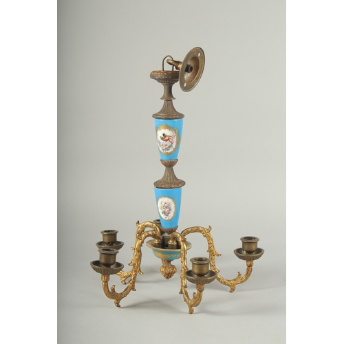 1233 - A GOOD ORMOLU AND SEVRES PORCELAIN FIVE-LIGHT CHANDELIER, 15ins.