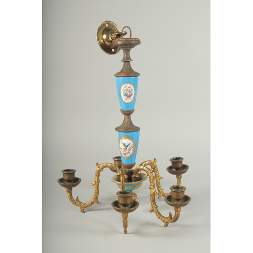 1233 - A GOOD ORMOLU AND SEVRES PORCELAIN FIVE-LIGHT CHANDELIER, 15ins.