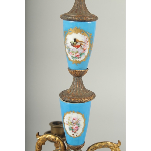 1233 - A GOOD ORMOLU AND SEVRES PORCELAIN FIVE-LIGHT CHANDELIER, 15ins.