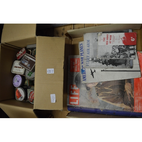 112 - A collection of old tins and ephemera relating to World War 2.