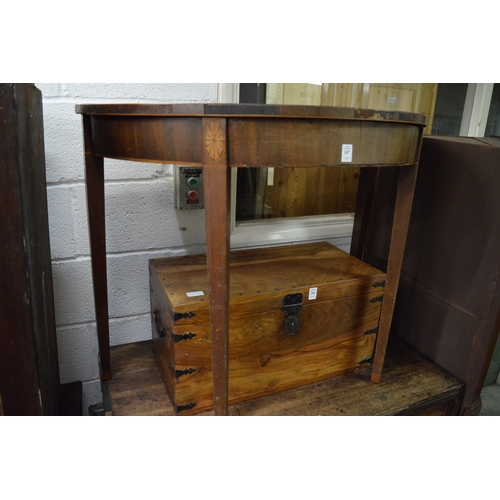 187 - Mahogany demi lune table and a chest of drawers (faults).