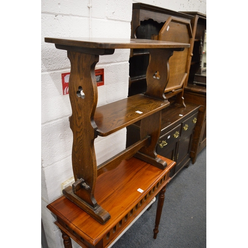 222 - An oak two tier stand/table together with an oak folding tray table.