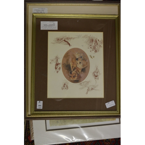 399 - A group of five prints depicting labradors and collie dogs, some framed.