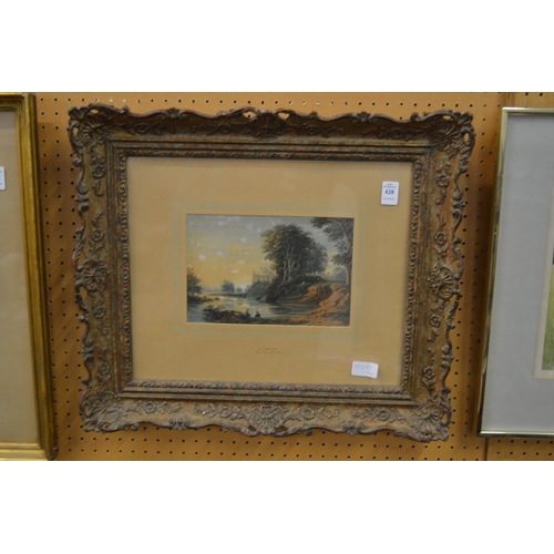 428 - J Varley, Figures by an inlet with ruins beyond, watercolour, in a decorative gilt frame.