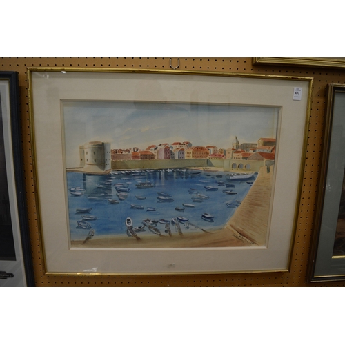 431 - Continental School, Boats in a harbour, watercolour.