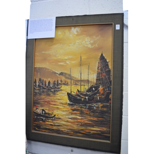 446 - N K 'Nikit' Kampan, Fishing boats in a harbour, oil on canvas, signed