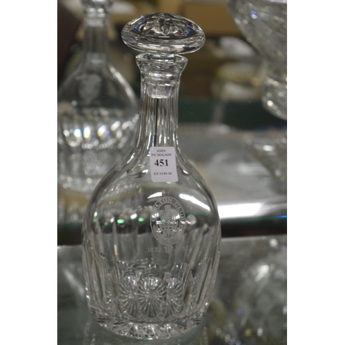 451 - A Carlton Club commemorative cut glass decanter.