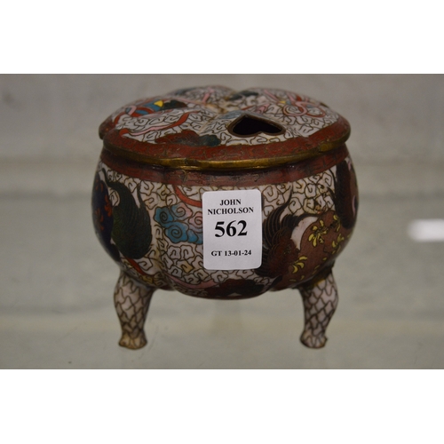 562 - A Chinese cloisonne tripod censer and cover.