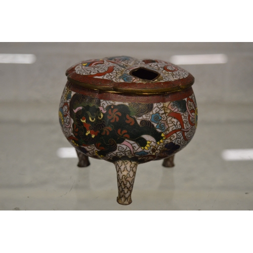 562 - A Chinese cloisonne tripod censer and cover.