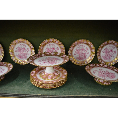 631 - A Copeland China porcelain dessert service comprising, twelve plates, four low comports, one tall co... 