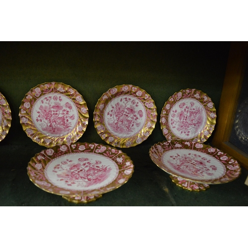 631 - A Copeland China porcelain dessert service comprising, twelve plates, four low comports, one tall co... 