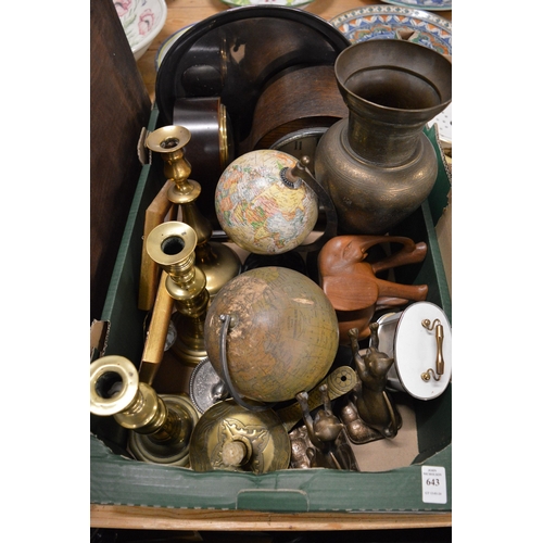 643 - Various clocks, brass candlesticks, a table globe etc.