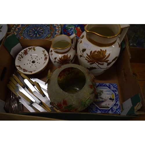 645 - Decorative jugs, flatware, delft tile etc.