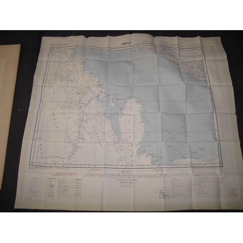 130 - PERSIAN GULF: 1 silk escape map, double-sided, dated 1957 (includes Sharjah, Dubai, Bahrain, Oman), ... 