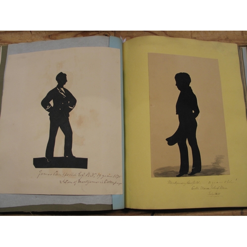 362 - SCRAP ALBUM, 19th c 4to fancy morocco gilt album with silhouettes, misc. watercolours & prints of NA... 