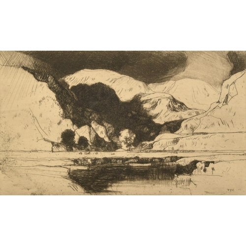 1011 - David Young Cameron, a mountain lake scene, etching, unsigned, plate size 3.5