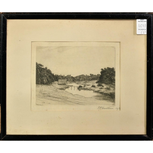 1011 - David Young Cameron, a mountain lake scene, etching, unsigned, plate size 3.5