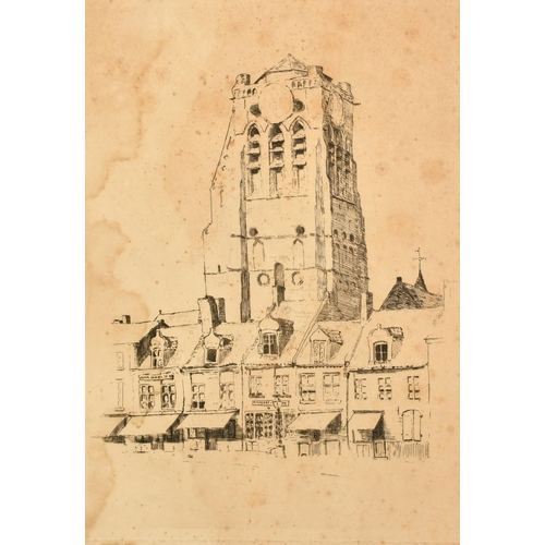 1029 - Attributed to Theo van Rysselberghe, an etching of a church tower and terrace, 13.75