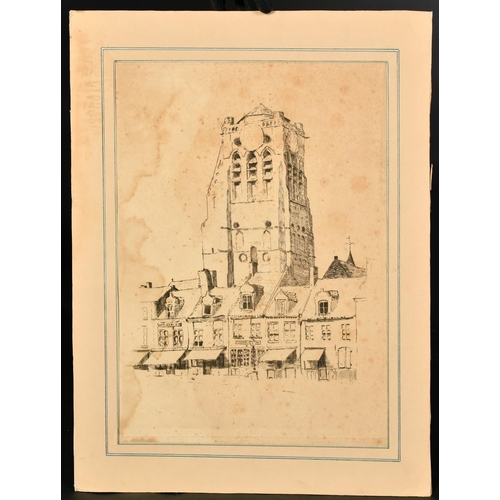 1029 - Attributed to Theo van Rysselberghe, an etching of a church tower and terrace, 13.75