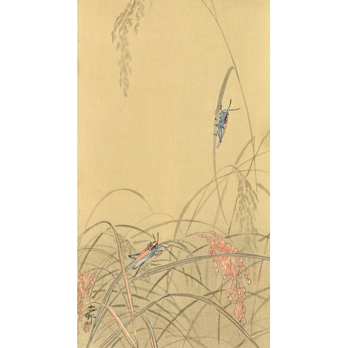 1034 - Koson Ohara (1877-1945) Japanese, two woodcuts in colour, a red breasted but on a branch with blosso... 