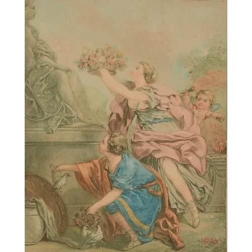 1038 - Jubier after Huet, a pair of colour prints of female figures adorning statues with garlands of flowe... 