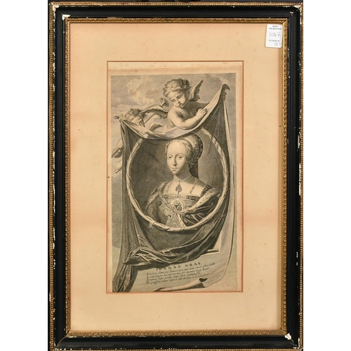 1047 - A group of three engravings of notables, along with two later historical prints, (5).