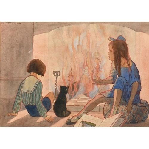 1053 - E. L. Steer, Circa 1924, children and a cat by a fantastical fire, watercolour, signed, 8.5