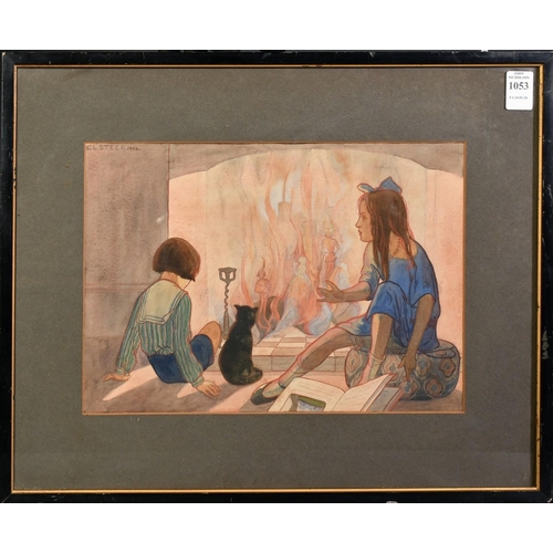 1053 - E. L. Steer, Circa 1924, children and a cat by a fantastical fire, watercolour, signed, 8.5