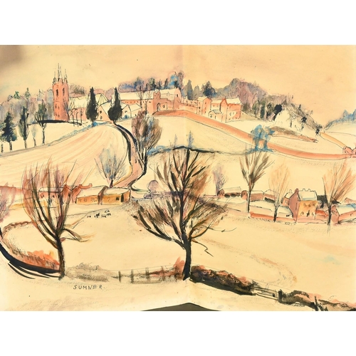 1056 - Maud Eyston Sumner (1902-1985) Soth Africa, an English village in winter, ink and watercolour, signe... 