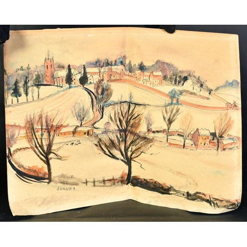 1056 - Maud Eyston Sumner (1902-1985) Soth Africa, an English village in winter, ink and watercolour, signe... 