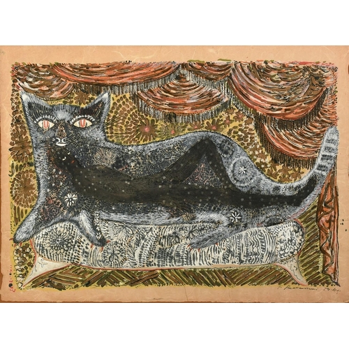 1057 - Italian Surrealist School, a nude black man reclining inside a stylised cat, mixed media on wood pul... 