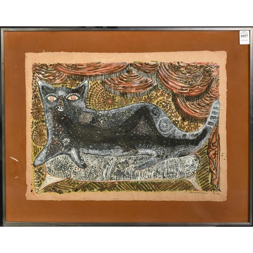 1057 - Italian Surrealist School, a nude black man reclining inside a stylised cat, mixed media on wood pul... 