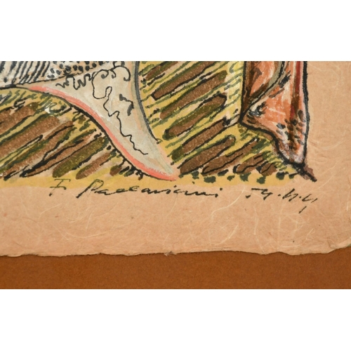 1057 - Italian Surrealist School, a nude black man reclining inside a stylised cat, mixed media on wood pul... 