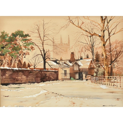 1059 - Bert Wright (b. 1930), a winter scene outside cottages and a church, watercolour and gouache, signed... 