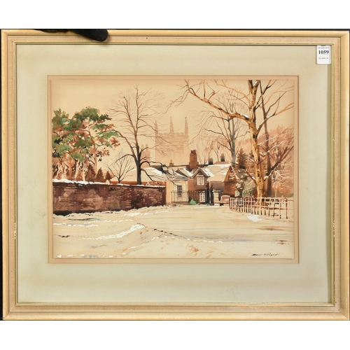 1059 - Bert Wright (b. 1930), a winter scene outside cottages and a church, watercolour and gouache, signed... 