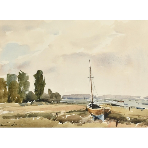 1061 - Edward Wesson (1910-1983), boats in a creek, watercolour, signed, 13