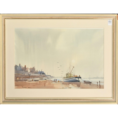 1062 - Sydney Vale (1916-1991), 'Leigh Waterfront', watercolour, signed, exhibition label verso, 13.5