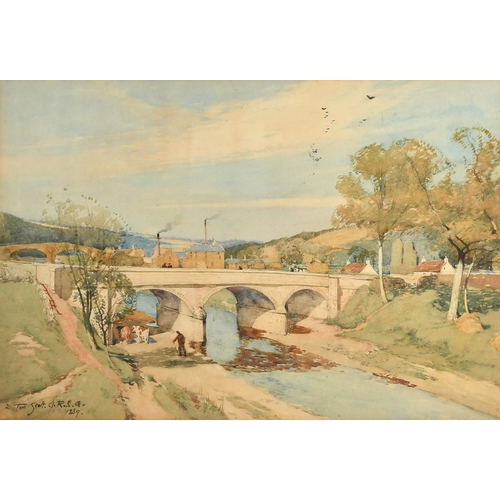 1063 - Tom Scott (1854-1927), 'Leader Bridge, Earlston', watercolour, signed and dated 1889, artist's label... 