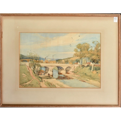 1063 - Tom Scott (1854-1927), 'Leader Bridge, Earlston', watercolour, signed and dated 1889, artist's label... 