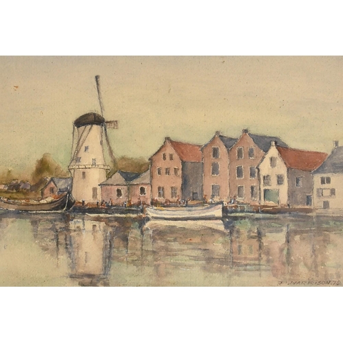 1067 - P. Harrison, Circa 1975, figures and barges by a quay with a windmill, watercolour, signed, 10